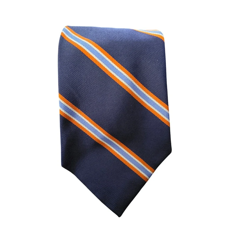 J Crew Navy Blue Orange Blue Stripe 100% English Silk Handmade Mens Tie 58/3.75